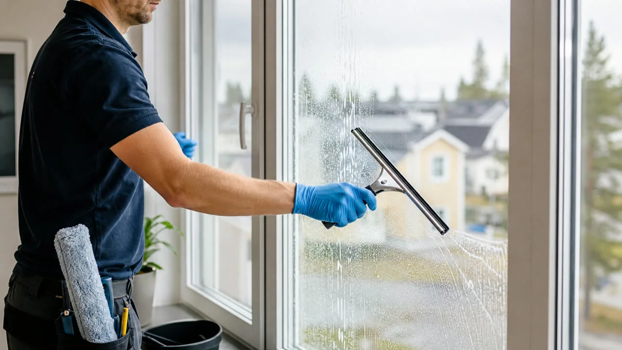 Professionell fönsterputsare med skyddshandskar använder fönsterskrapa på ett stort fönster