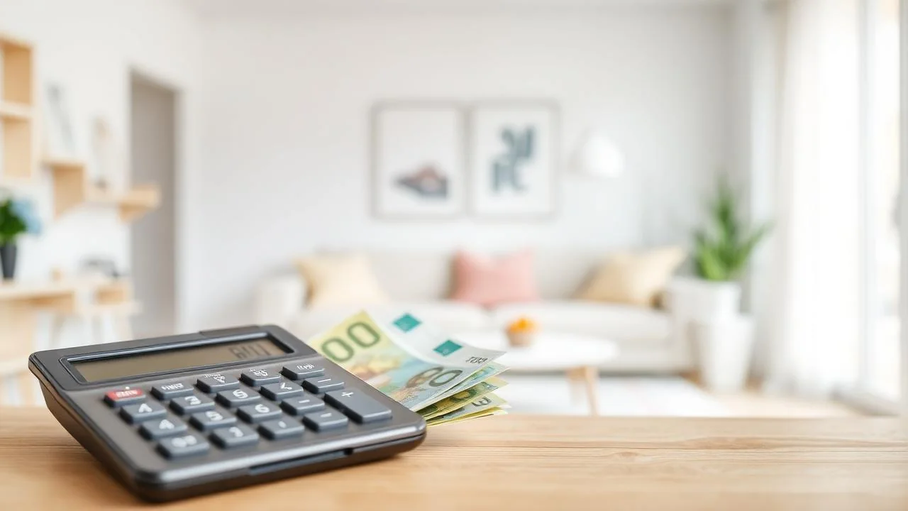 Kalkylator och svenska kronor framför ljust scandinaviskt vardagsrum