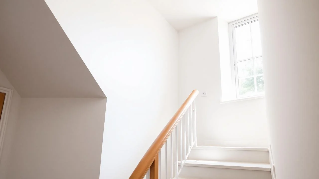 Ljus välstädad trappuppgång i svensk bostadsfastighet med trähandledare
